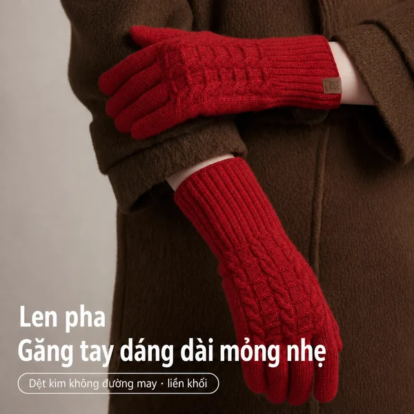 Găng tay nữ giữ ấm họa tiết nổi dáng dài cho người lớn,...