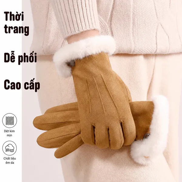 Găng tay da lộn lót lông nữ mùa đông, giữ ấm, chống lạnh,...