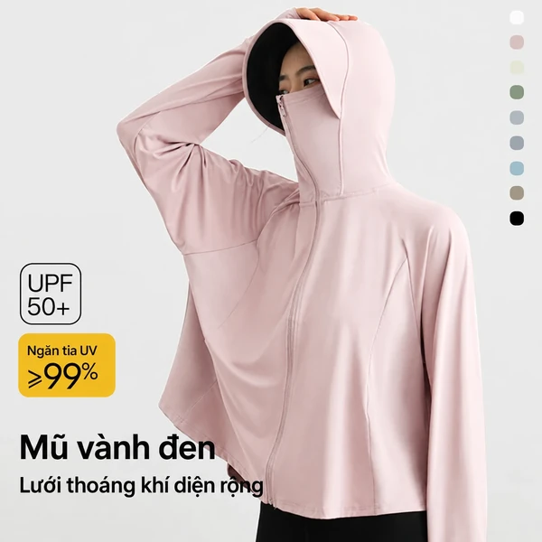 Áo khoác chống nắng nữ màu đen UPF99 có mũ, mỏng, mùa hè