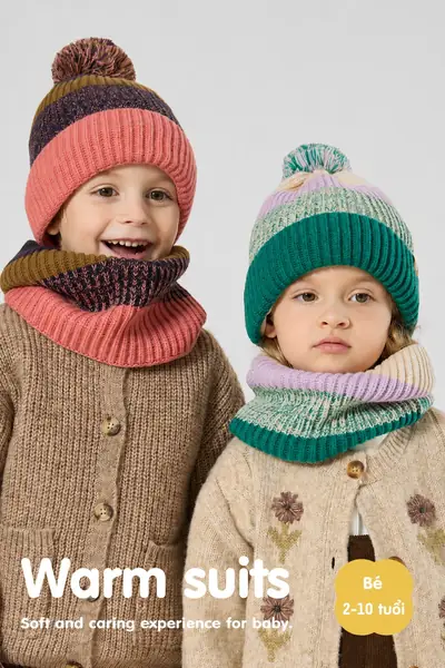 Bộ 3 món khăn quàng, mũ quả bông phối màu và găng tay trẻ em...