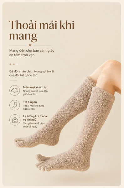 Tất nữ 5 ngón cổ cao bằng nhung, tất ngủ giữ ấm dày dặn