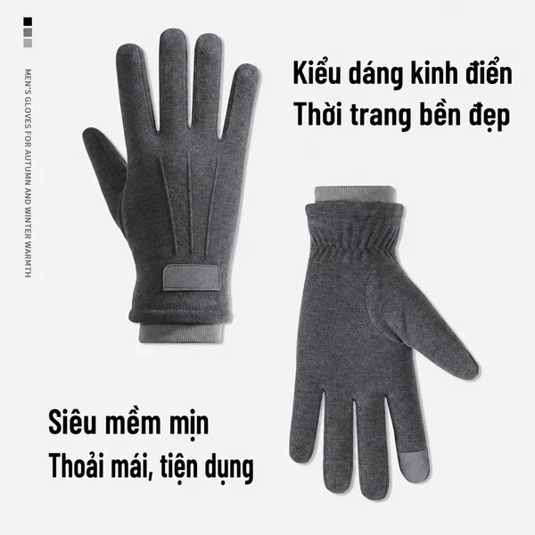 Găng tay nam mùa đông cảm ứng vải nhung, dày giữ ấm, lái xe