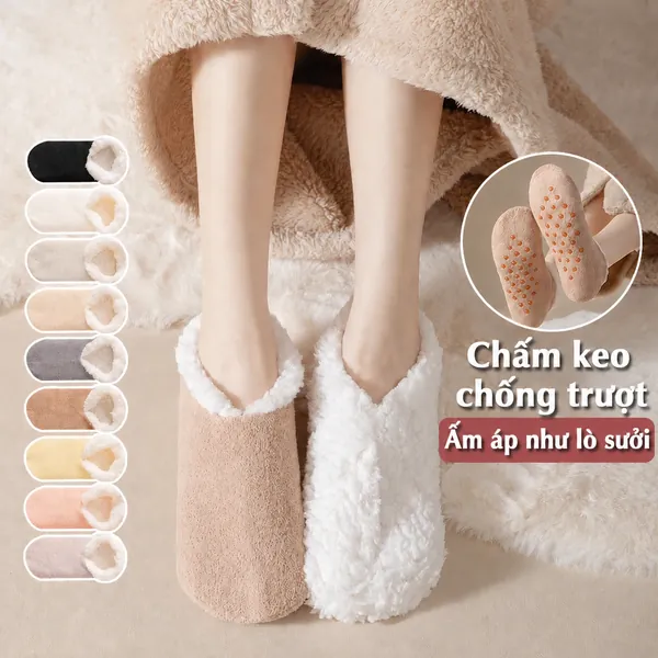 Tất nữ chống trượt lót lông cừu giữ ấm dày