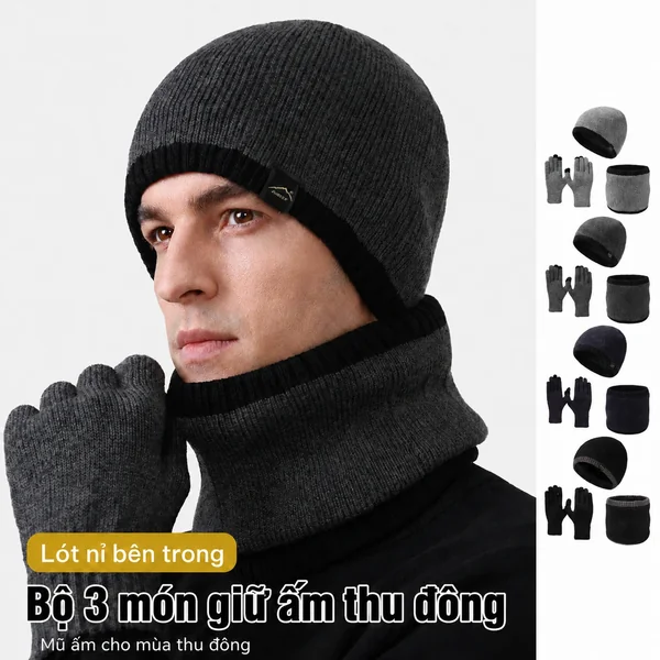 Bộ 3 món giữ ấm mùa thu đông: mũ len dày có lót nỉ, khăn...