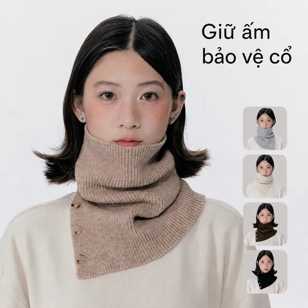 Khăn ống len cổ cao nam nữ màu trơn, thiết kế cài nút thời...