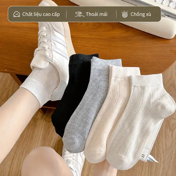 Tất nữ mùa hè vải cotton mỏng phối lưới, dáng cổ ngắn...