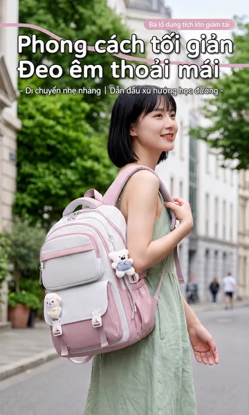 Balo học sinh phối màu macaron kèm móc treo hoạt hình, dung tích...
