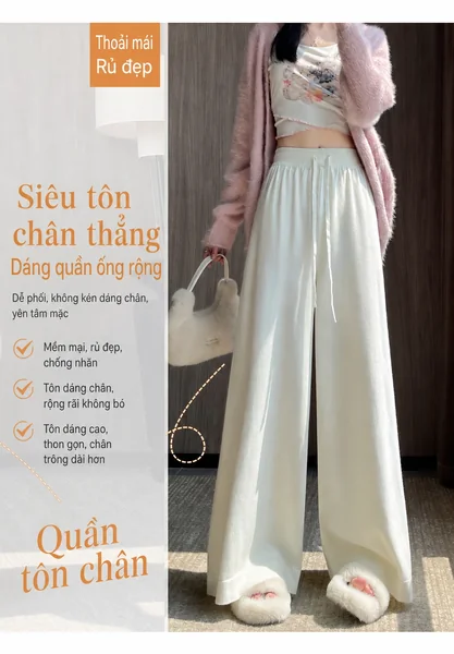 Quần nữ ống rộng dệt kim, dáng suông, chất vải rủ mềm, dễ...