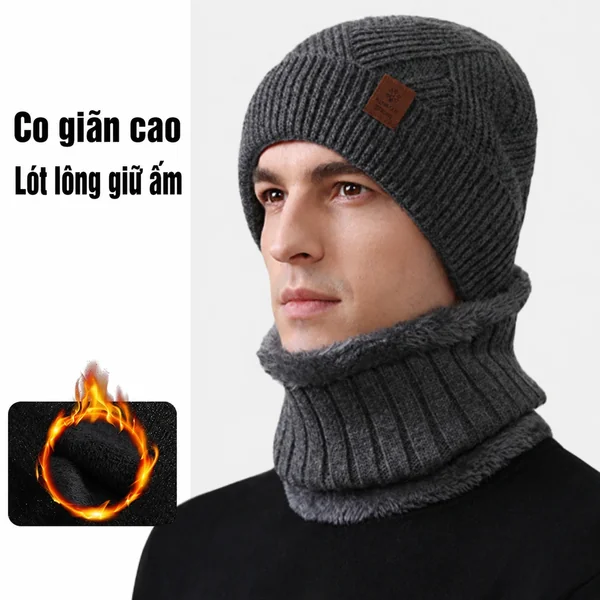 Bộ mũ len dệt kim và khăn ống nam bằng len dày dặn, lót lông...