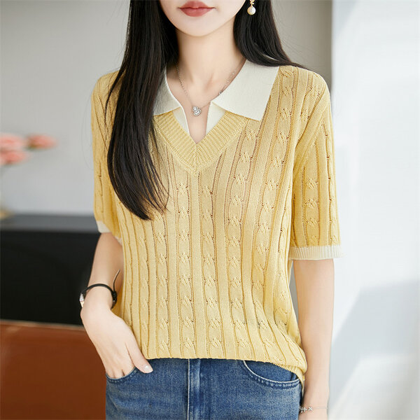 Áo len nữ dệt kim ngắn tay giả hai lớp cổ polo phối màu