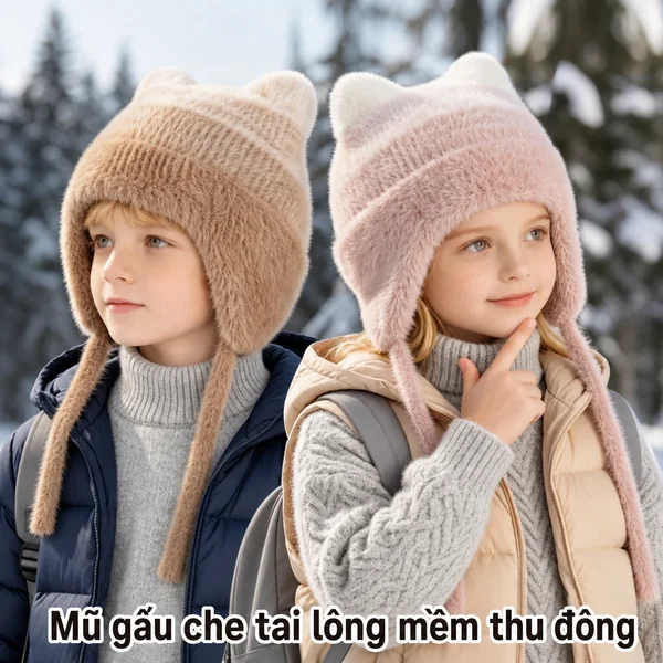 Mũ len dệt kim trẻ em thu đông có tai gấu lông, trùm đầu giữ...