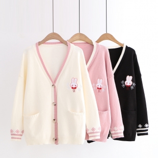 Áo khoác len cardigan nữ thêu hình chú thỏ cổ chữ V
