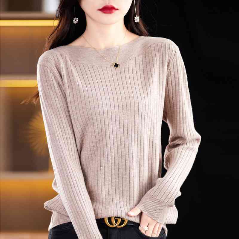 Áo len nữ cổ tròn sọc đơn giản