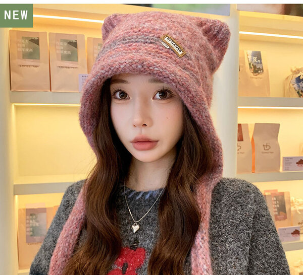 Mũ len tai mèo nữ có dây buộc giữ ấm chống lạnh mùa đông