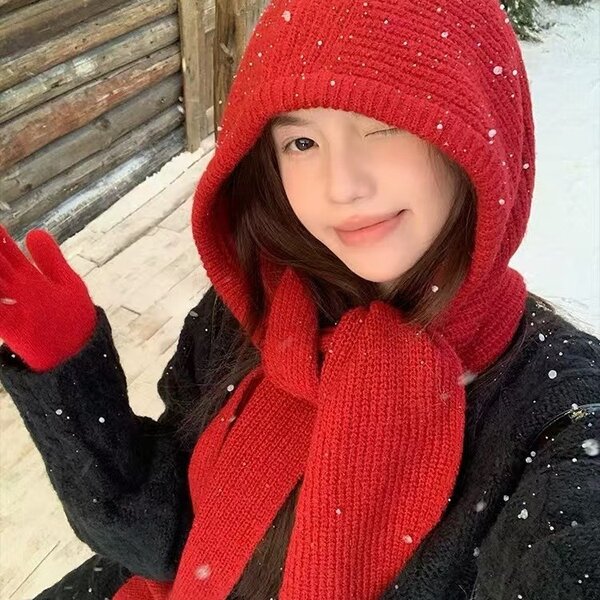 Mũ len trùm đầu nữ thiết kế liền khăn quàng cổ, chất len...