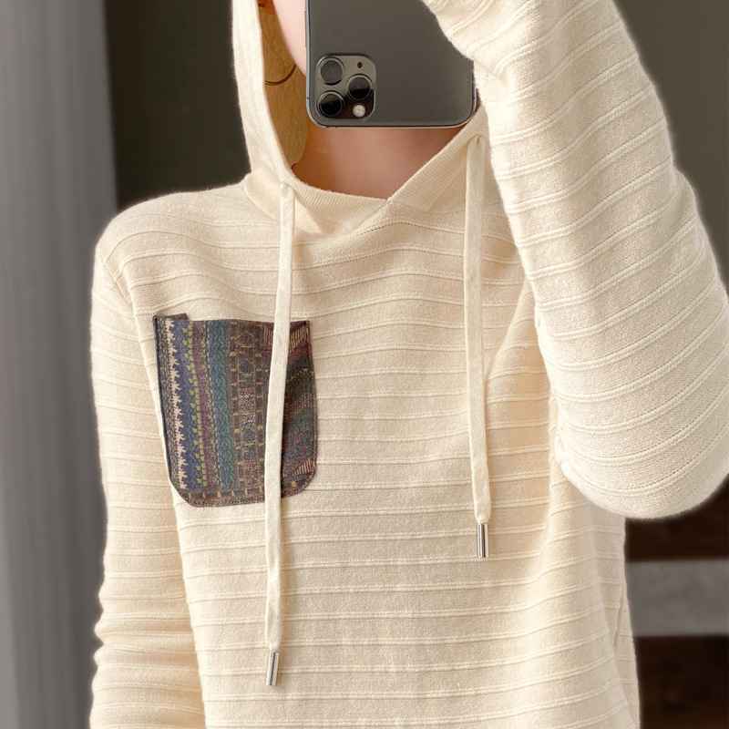 Áo khoác len nữ dệt kim có túi và mũ trùm đầu