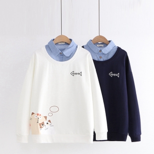 Áo nữ giả 2 cổ phối somi hình 2 chú mèo đang mơ về cá