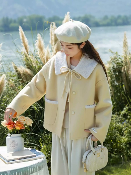 Áo khoác dạ lông cừu nữ mùa thu đông, thiết kế cổ có thể...