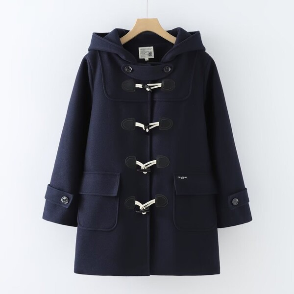 Áo khoác dạ dáng trung có khuy cài và mũ trùm đầu cho mùa thu...