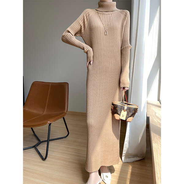 Đầm len dày nữ dáng rộng, cổ cao