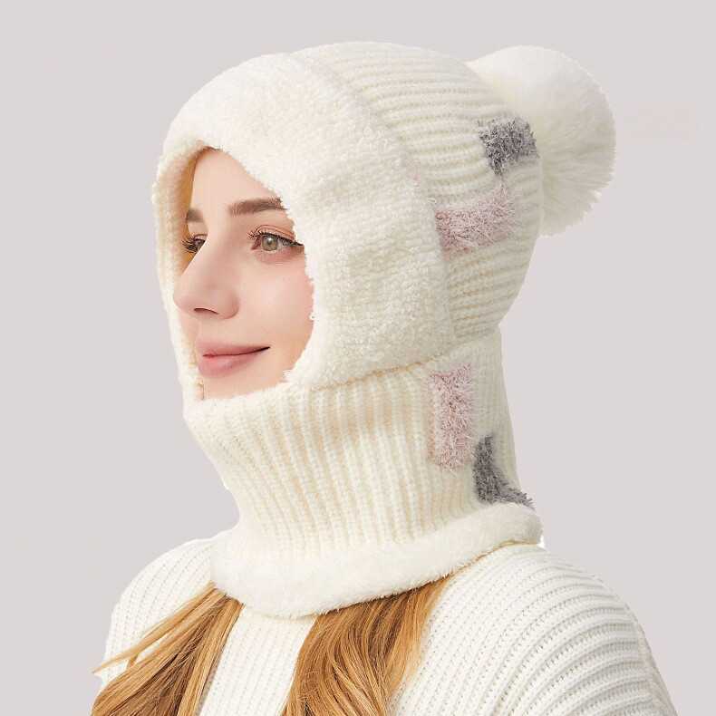 Mũ len trùm đầu nữ tích hợp khăn chống lạnh