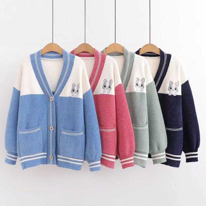 Áo khoác len cardigan nữ thêu hình chú chuột Hamster