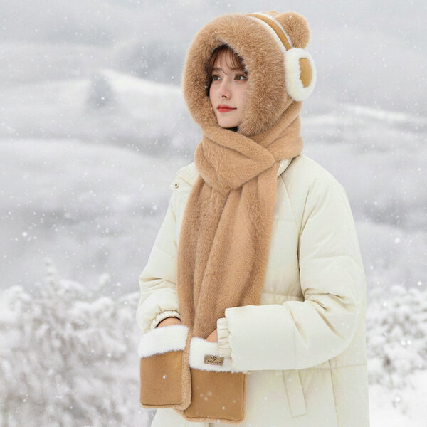 Bộ 3 món gồm mũ lót lông che tai cho nữ, khăn quàng cổ và găng...