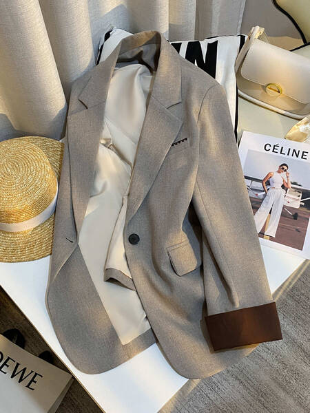 Áo khoác blazer nữ phối màu tương phản tông xám be phong cách...