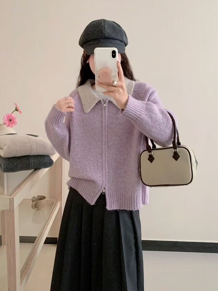 Áo len cardigan dệt kim dài tay cổ polo