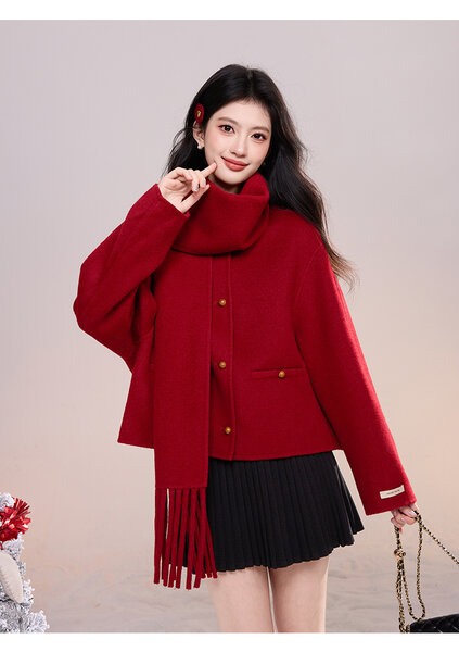 Áo khoác dạ lông cừu dáng ngắn dành cho nữ mùa thu đông