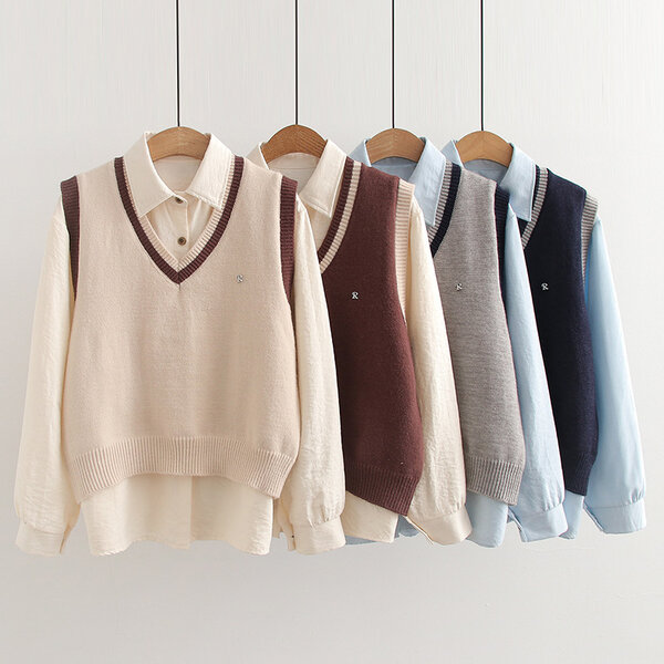 Set 2 món phong cách học đường ngọt ngào: áo gile len chữ R + áo...