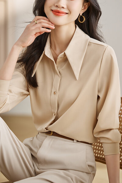 Áo sơ mi nữ dài tay, thiết kế cổ chữ V 