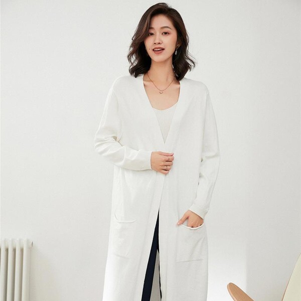Áo khoác cardigan len nữ dáng dài, cổ chữ V, tay dài