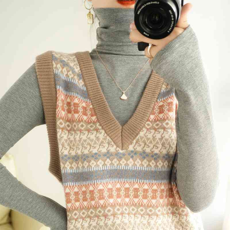 Áo len gile nữ dáng rộng cổ chữ V phong cách retro dệt kim