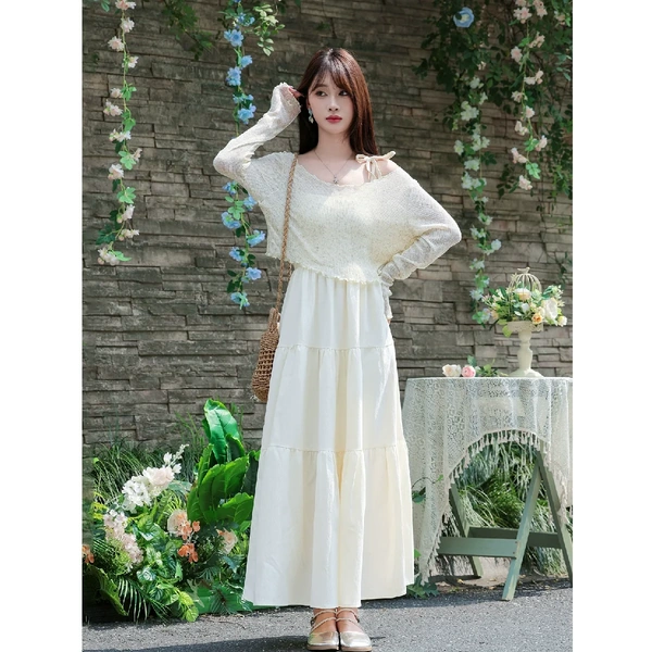 Set váy len hai dây phối áo khoác hở vai phong cách mới kiểu mùa...