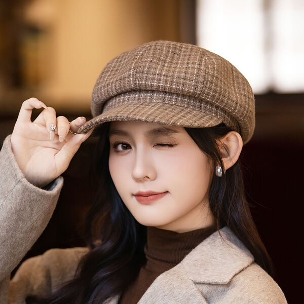 Mũ beret nữ cổ điển kẻ caro, chất dạ thu đông, kiểu họa sĩ