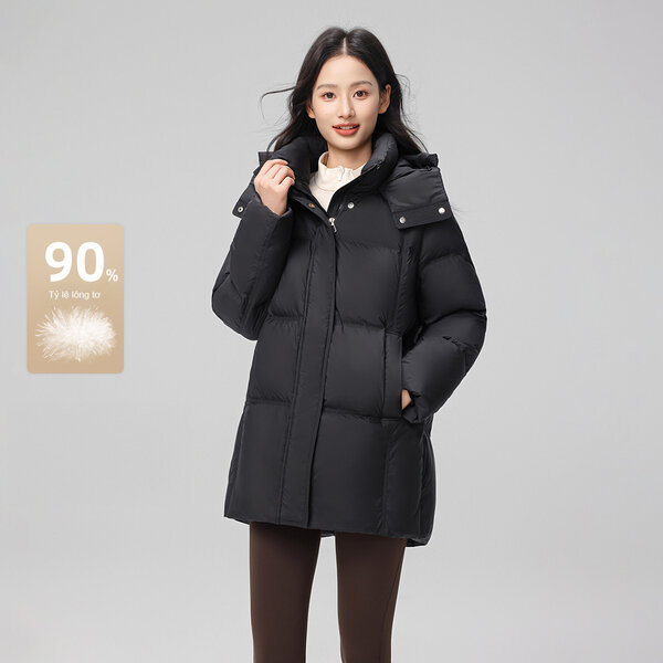Áo khoác phao lông vũ nữ dáng dài vừa cổ đứng liền mũ dày...
