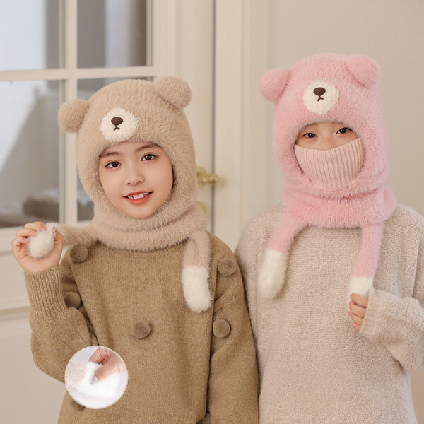 Mũ trẻ em hình gấu hoạt hình dễ thương, mũ liền khăn quàng...