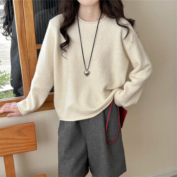 Áo len nữ cổ tròn viền cuộn, đơn giản thanh lịch