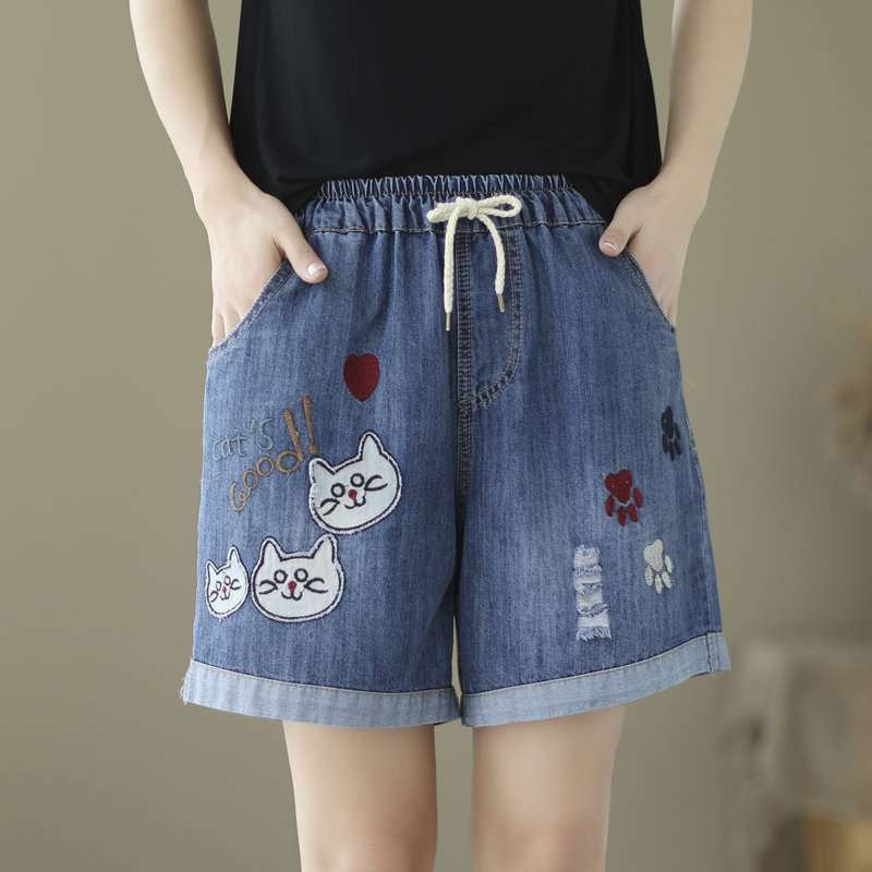 Quần short Denim họa tiết mèo, trái tim