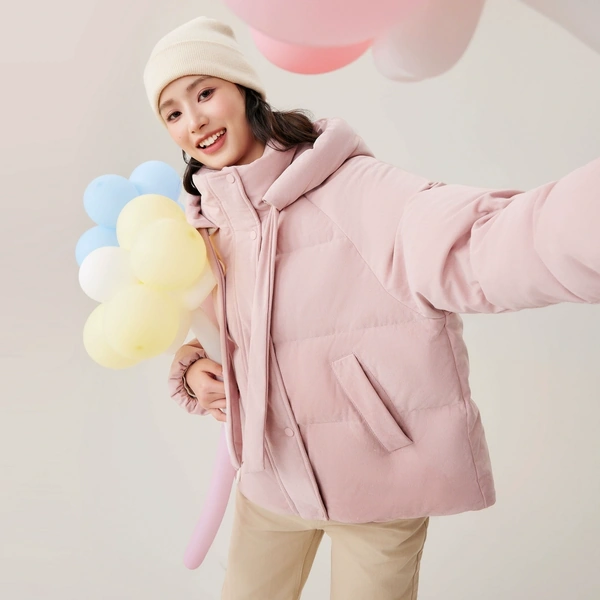 Áo lông vũ nữ ngắn dáng suông có mũ giữ ấm mùa đông