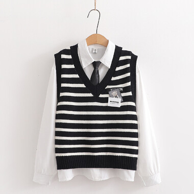 Set áo len dệt kim kẻ sọc + sơ mi trắng