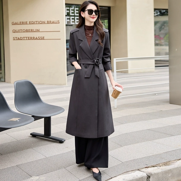 Áo khoác trench coat nữ cổ vest, dáng rộng có đai thắt eo