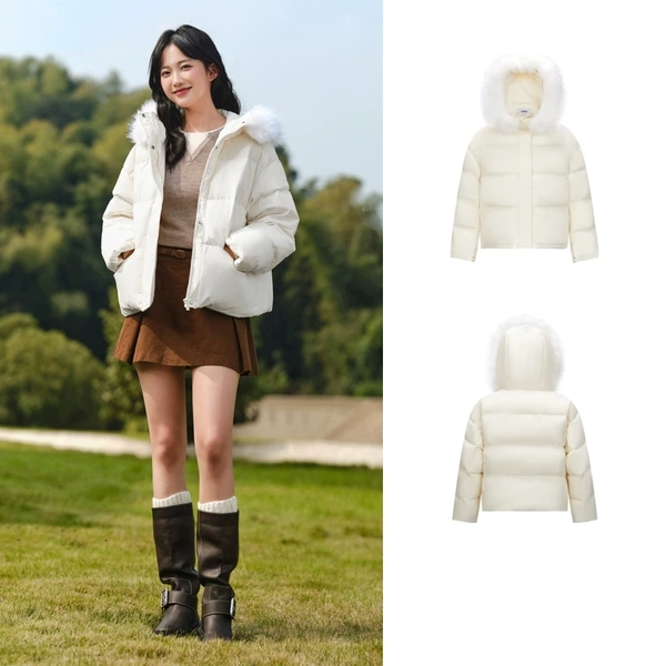Áo khoác phao lông vũ nữ, viền cổ lông, chống nước chống gió.