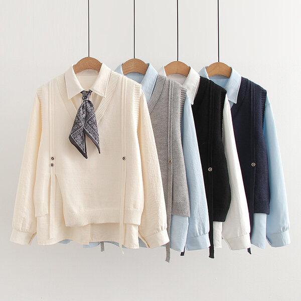 Bộ hai món nữ gồm áo len gile cổ nơ hoa nhí phối áo trong xẻ...