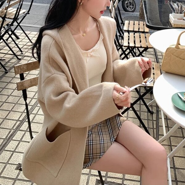 Áo khoác cardigan len nữ có mũ, dáng rộng