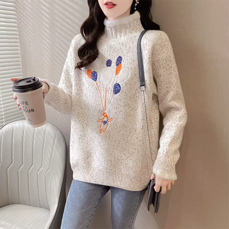 Áo len cổ lọ nữ thêu hình bong bóng