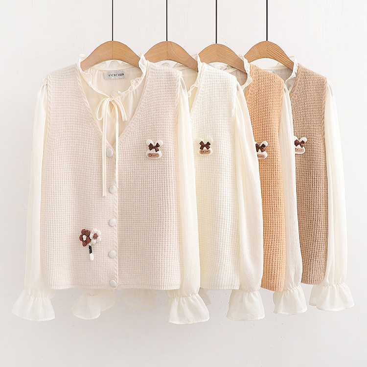 Áo cardigan cổ chữ V Nhật Bản  + áo sơ mi nữ - hai món thu đông