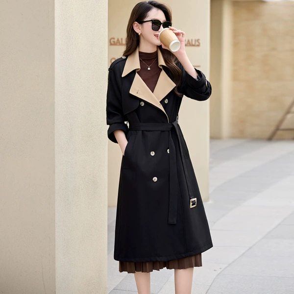 Áo khoác trench coat nữ dáng trung dài, cổ vest phối màu
