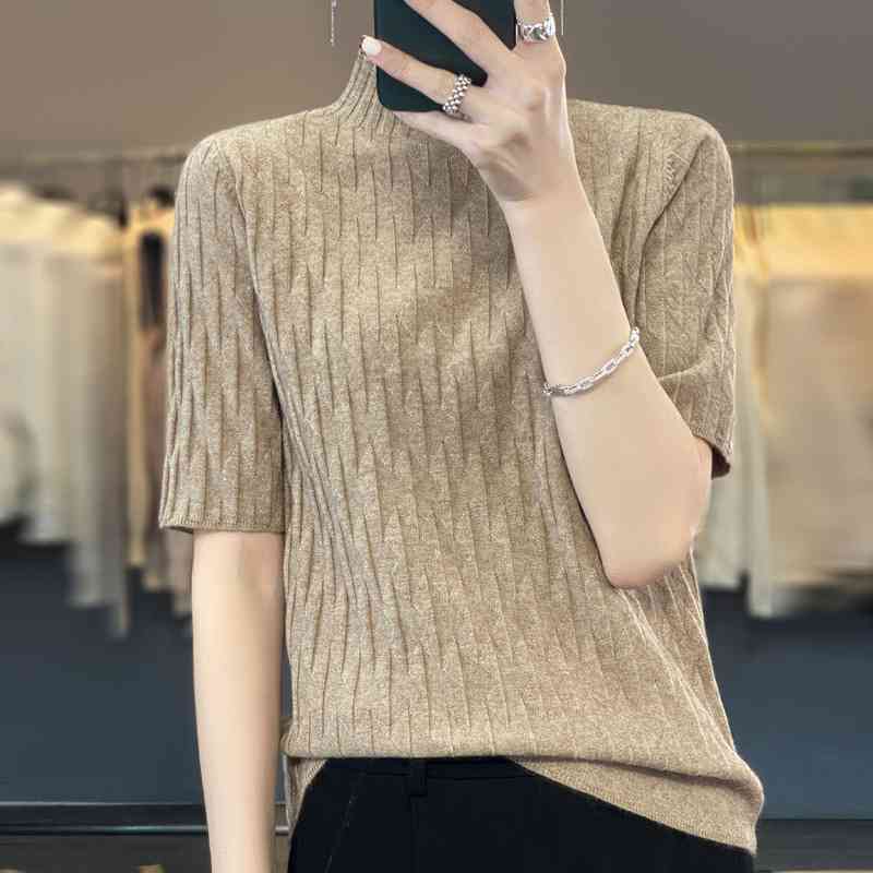 Áo len nữ thu đông ngắn tay cổ lọ